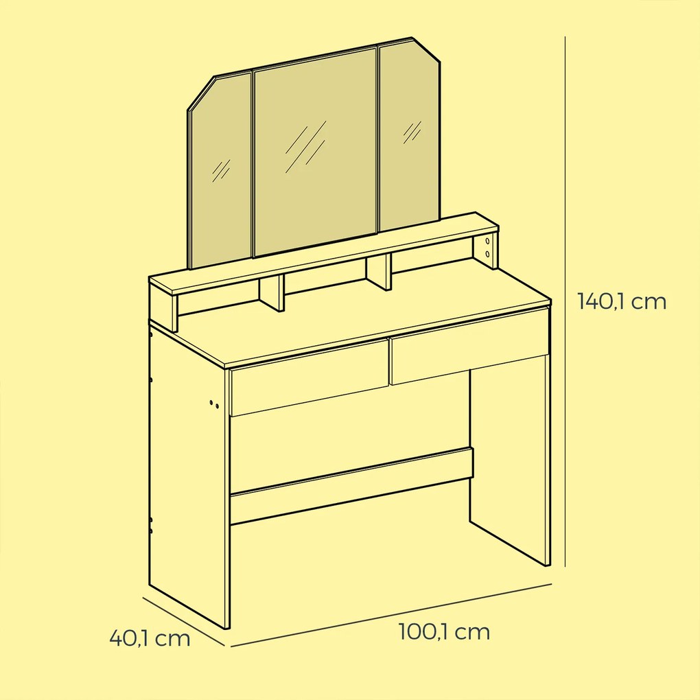 Toucador com espelho rebatível 40 x 100 x 140 cm e 2 gavetas e com 3 compartimentos abertos branco