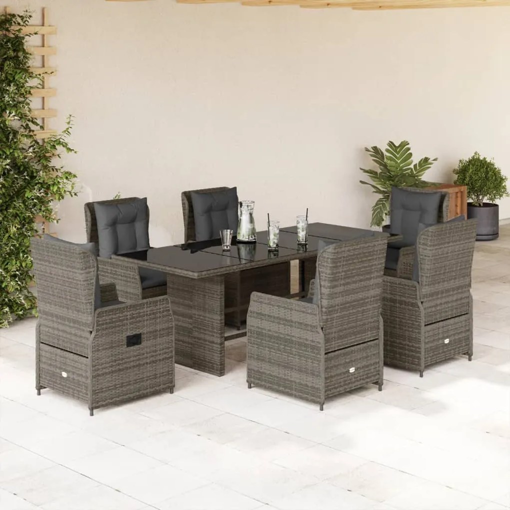 vidaXL 7 pcs conjunto de jantar p/ jardim c/ almofadões vime PE cinza