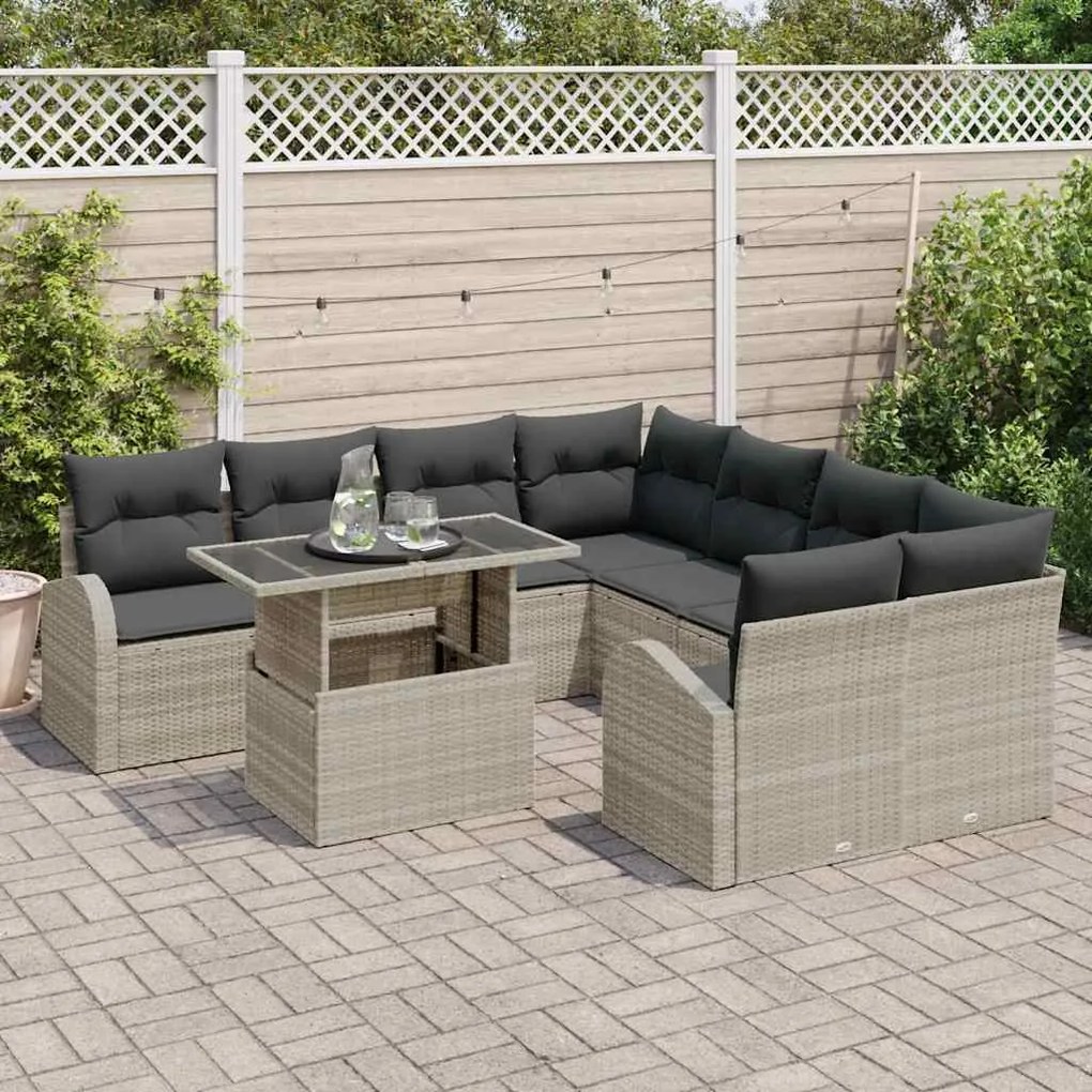 Conjunto de sofá de jardim de 9 peças com almofadas cinza claro