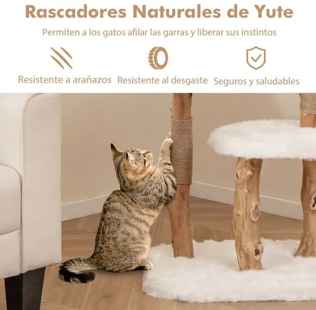 Arrranhador para gatos em madeira maciça 110 cm Torre para gatos moderna com plataforma Postes de arranhar em juta natural Bola suspensa branca