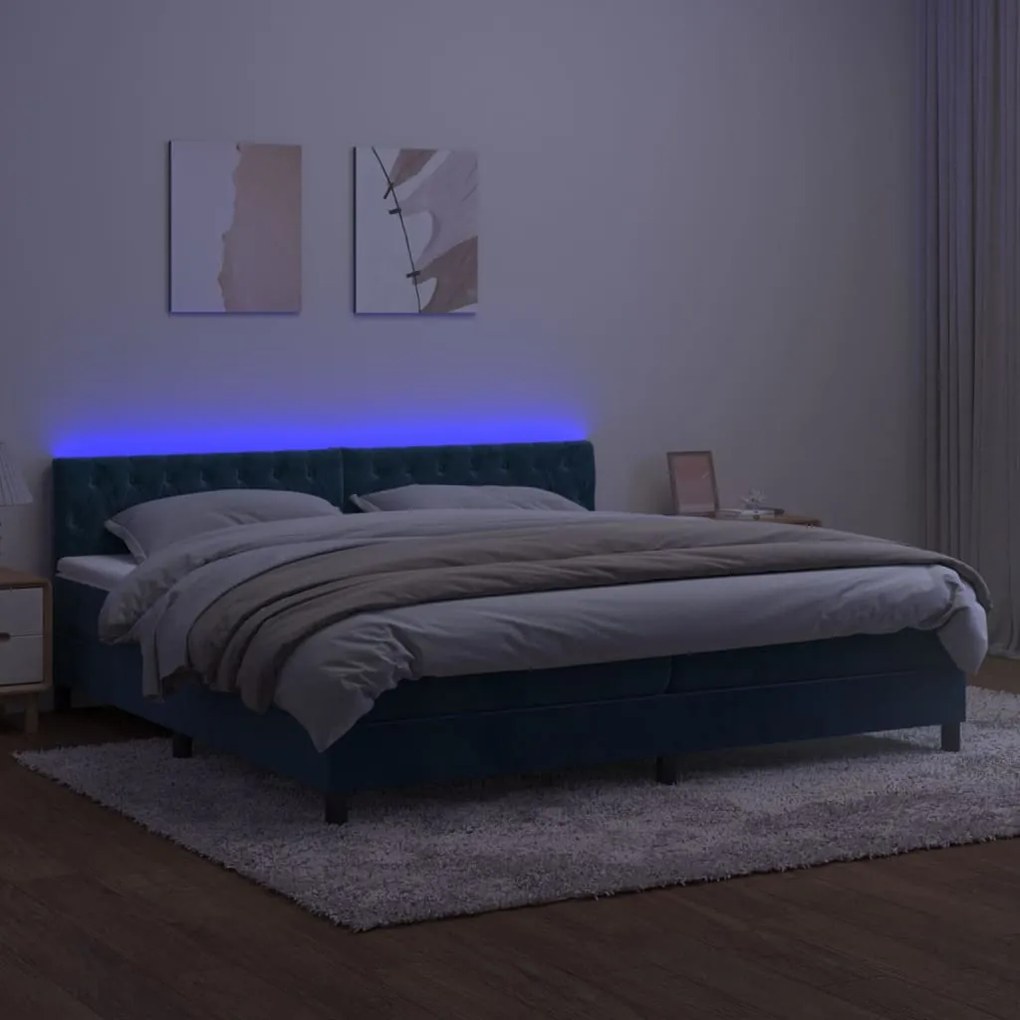 Cama box spring c/ colchão/LED 200x200 cm veludo azul-escuro