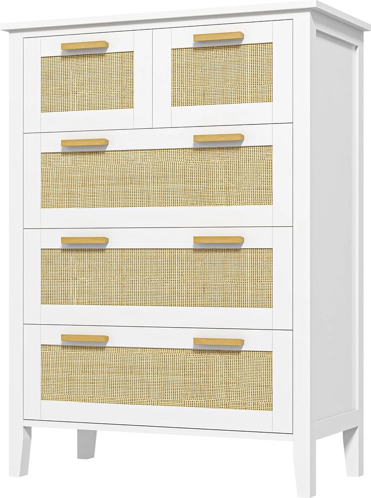 Cómoda com 5 gavetas, puxadores em madeira maciça e corrediças metálicas, para escritório, sala de estar ou quarto, 77 x 37 x 104 cm, branca