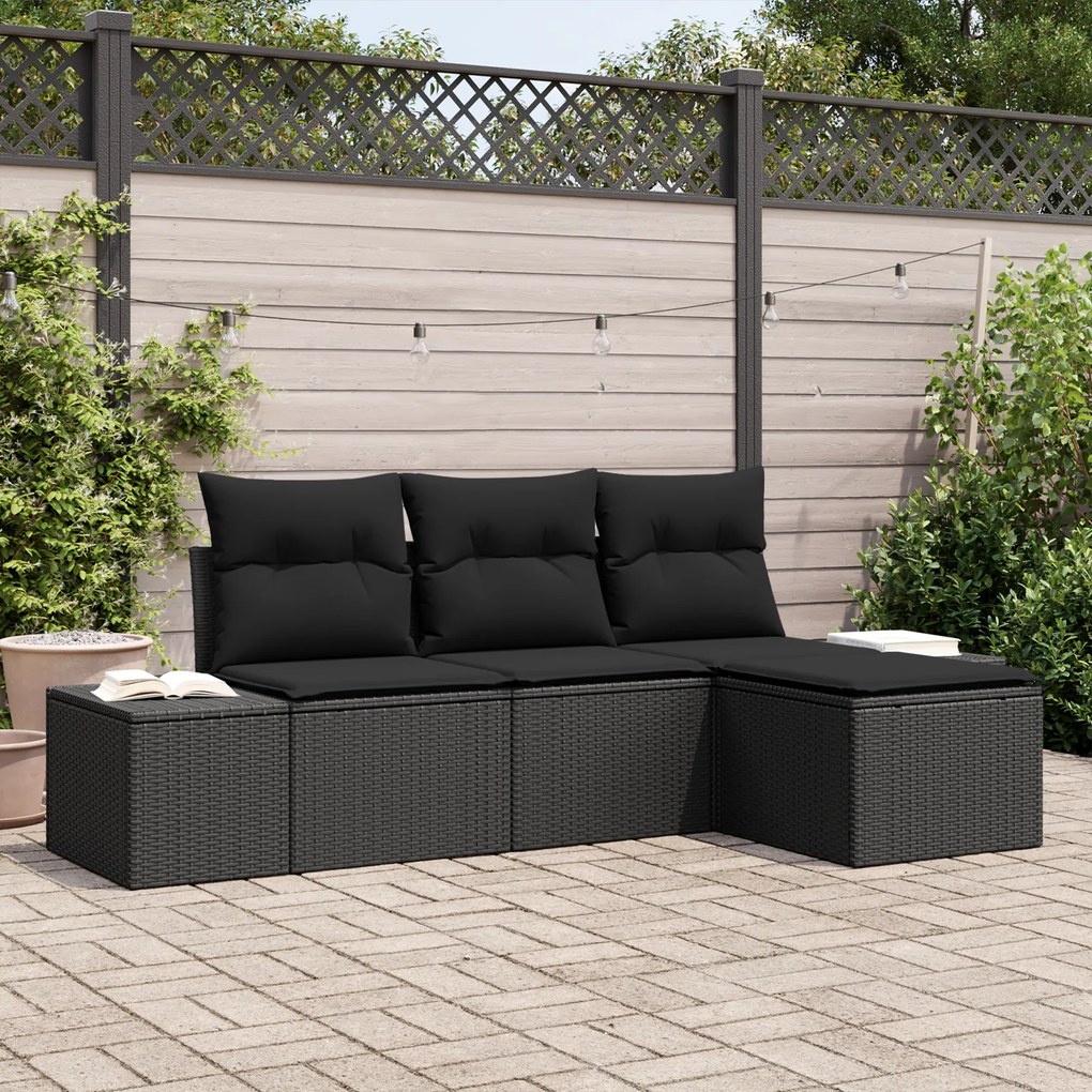 Conjunto de Sofá de Jardim 4 Peças com Almofadas Rattan Preto