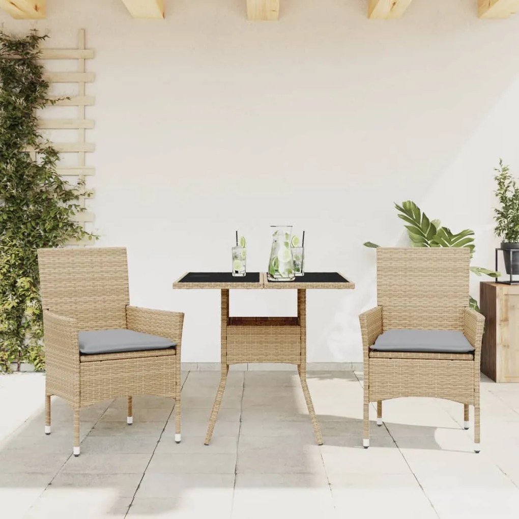 3 pcs conjunto jantar jardim com almofadões vime PE/vidro bege