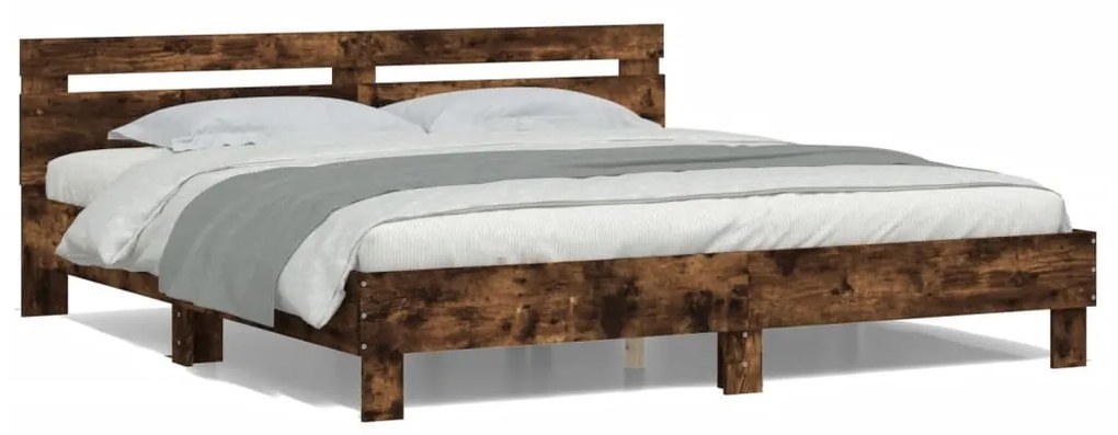 3207536 vidaXL Estrutura cama c/ cabeceira/luzes LED 160x200cm carvalho fumado