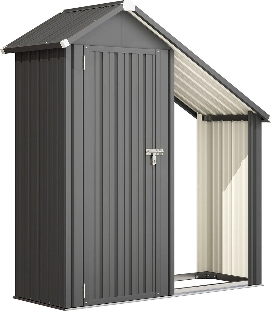 Outsunny Abrigo para Lenha com Armário, 0.77 m², 150x66x162 cm, em Aço Galvanizado, Cinza Escuro | Aosom Portugal