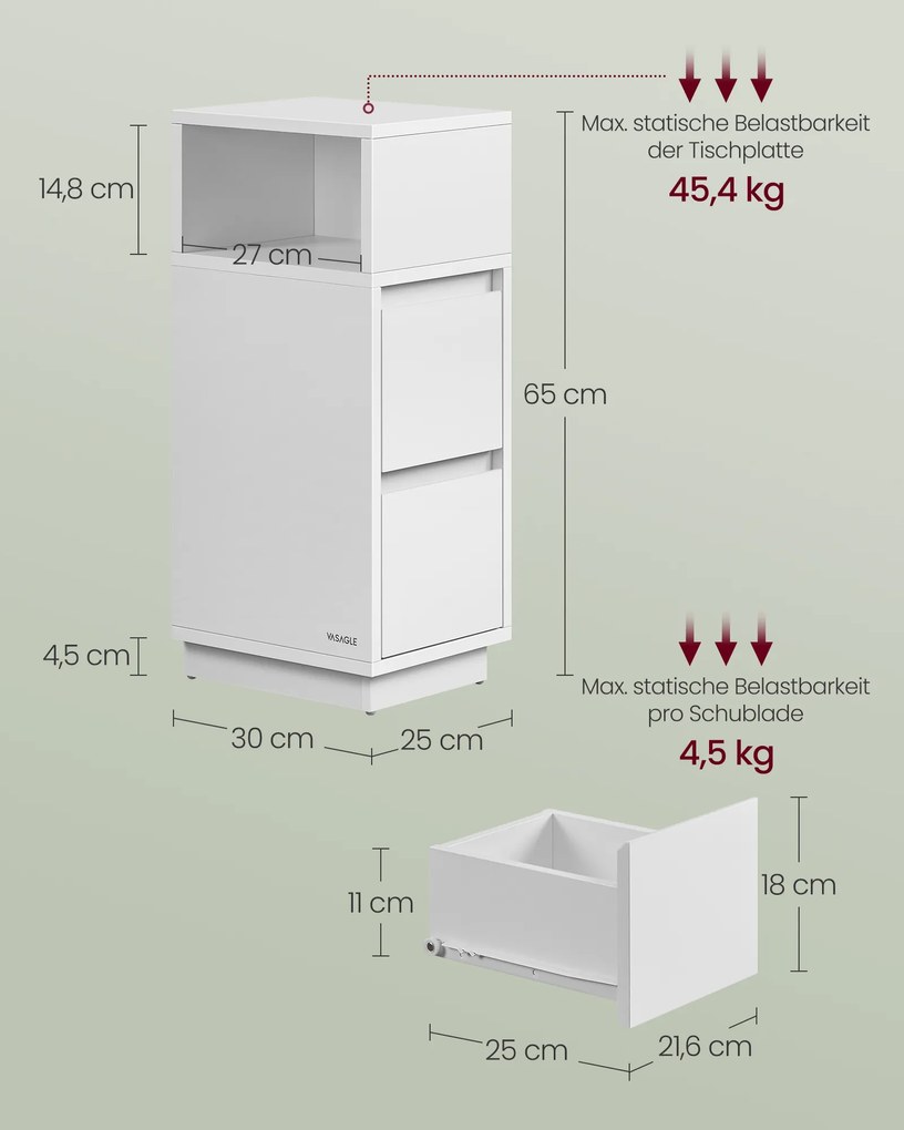 Mesa de cabeçeira estreita com 2 gavetas 30 x 25 x 65 cm branco