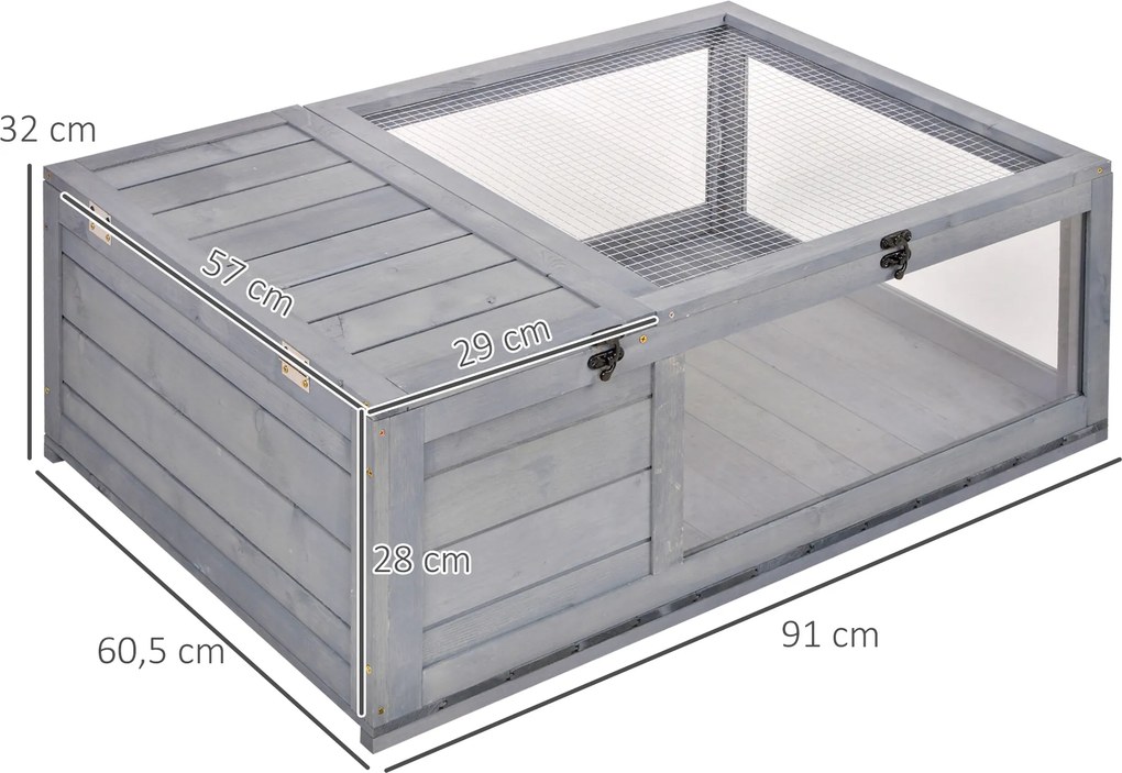 Terrario para Reptéis Casa para Tartarugas de Madeira com Painéis Laterais Transparentes e Trava 91x60,5x32 cm Cinza