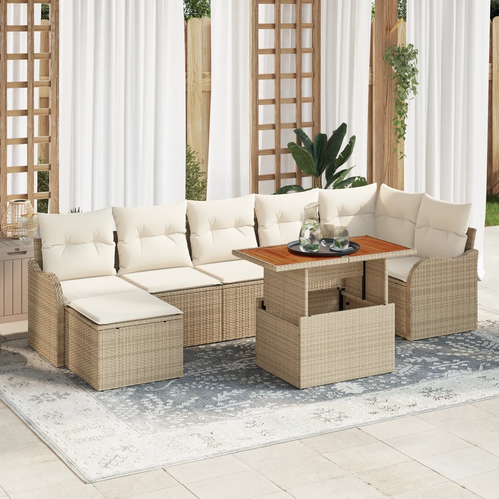 Conjunto de Sofás de Jardim vidaXL 8 Peças com Almofadas Bege em Rattan Poliéster e Acácia