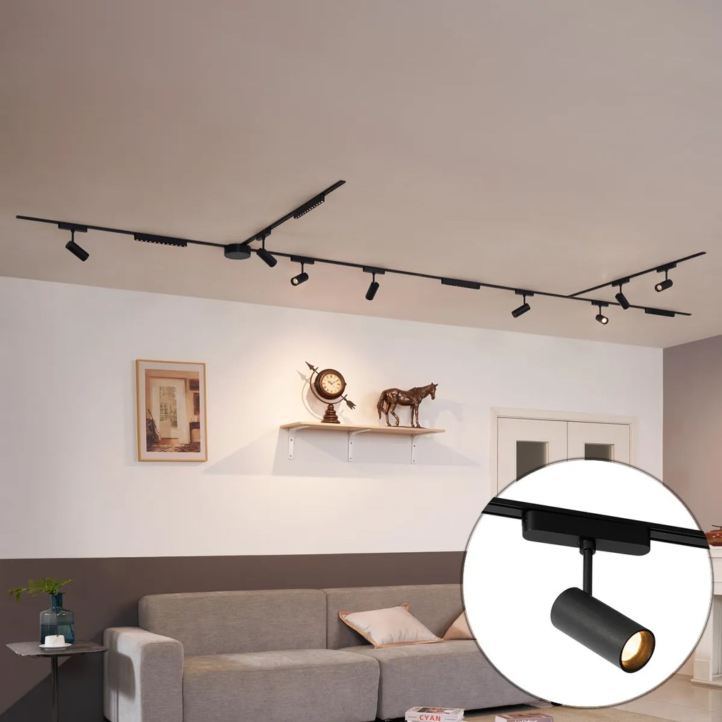 Sistema de iluminação de trilho com 8 focos e 4 luzes de teto pretas monofásicas - Magnetic Gert Puntua