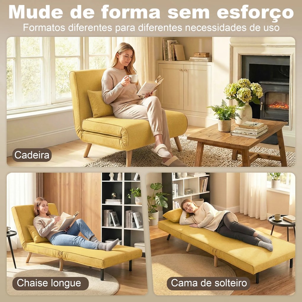 Sofá-Cama Individual Dobrável com Encosto Ajustável em 5 Posições, Sofá-Cama Estofado com Almofada 72x75x85 cm Amarelo