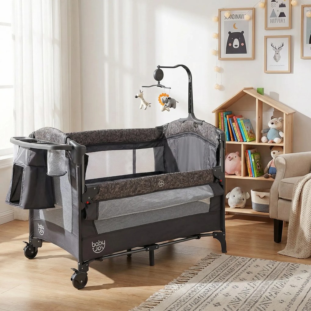 Berço Parque para Bebé 4 em 1, 110 x 68 x 55-75 cm, Dobrável, Cinzento