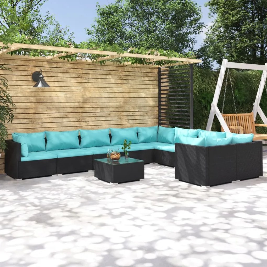 vidaXL 10 pcs conjunto lounge de jardim c/ almofadões vime PE preto