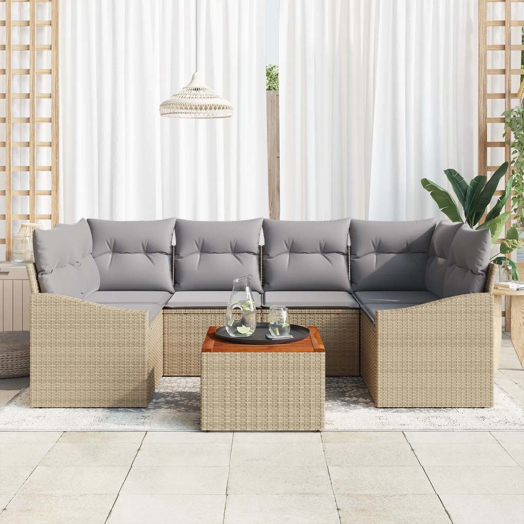 Conjunto de Sofá de Jardim de 7 Peças com Almofadas Bege Rattan Poliés