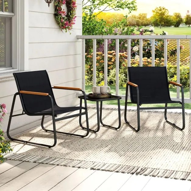 Conjunto de jardim de 3 peças, mesa de centro de vidro temperado e 2 Cadeiras com almofadas cinza