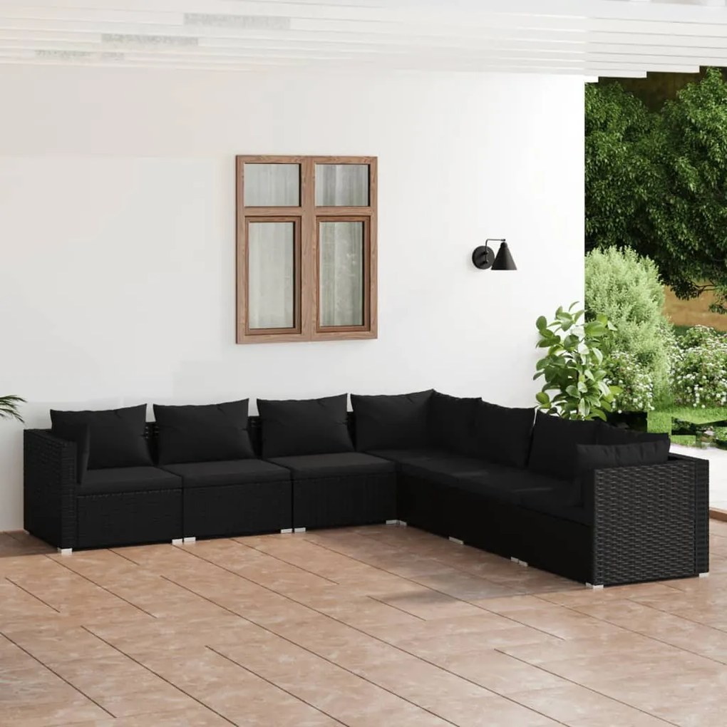 vidaXL 7 pcs conjunto lounge de jardim c/ almofadões vime PE preto