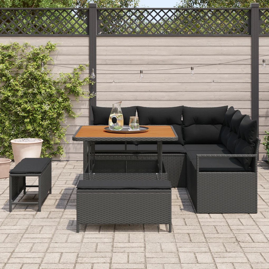 Conjunto de Sofá de Jardim vidaXL de 8 Peças com Almofadas Preto de Ra
