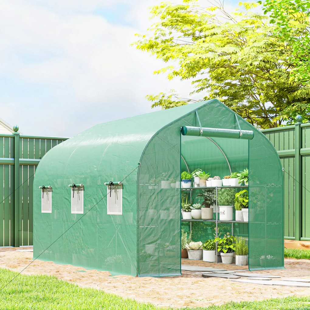 Estufa tipo túnel de 6 m², 198 L x 293 P x 194 A cm com prateleiras, porta e 6 janelas, estrutura em aço galvanizado, verde