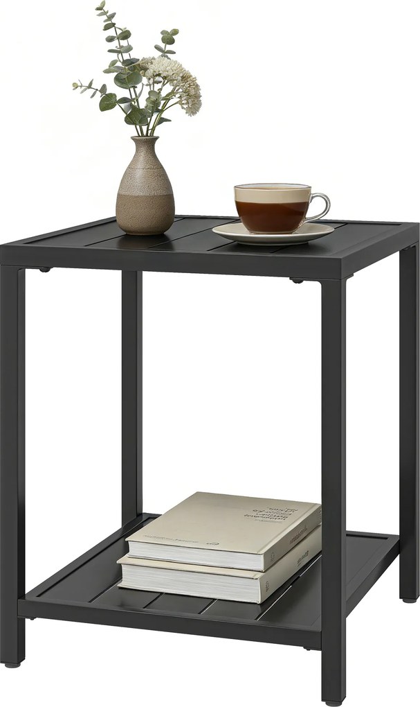 Mesa de centro de exterior de 2 níveis em metal 45 x 45 x 54 cm, mesa de jardim quadrada com prateleira de arrumação, preta