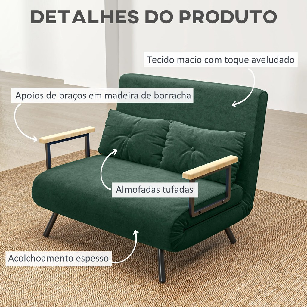 Sofá Cama Sofá Convertível em Cama de 2 Lugares Dobrável com Encosto Ajustável em 5 Níveis e 2 Almofadas 102x73x81 cm Verde