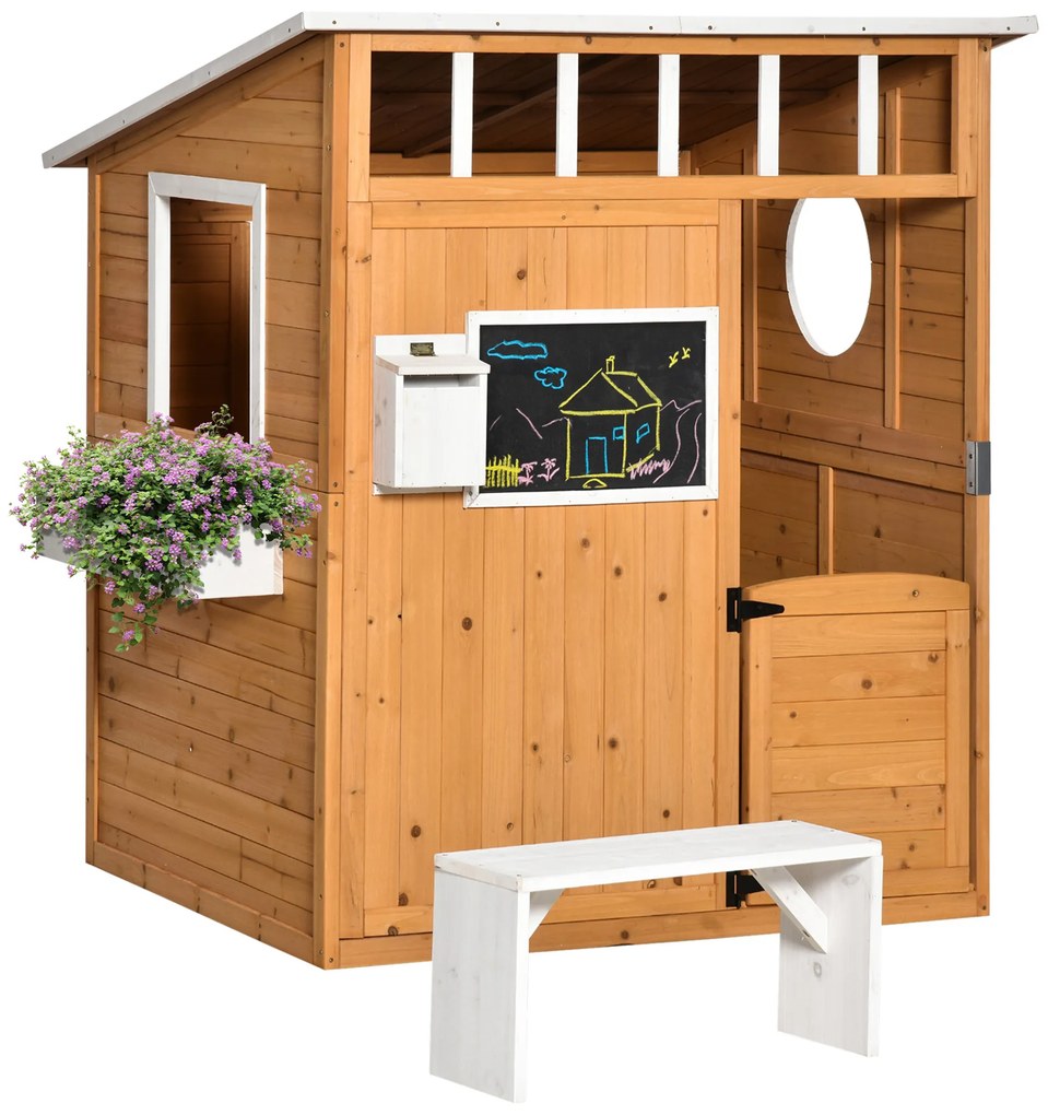 Outsunny Casa Infantil de Madeira Casa de Brincar para Crianças acima de 3 Anos com Banco Caixa de Correio Lousa 122x108x135,5cm | Aosom Portugal