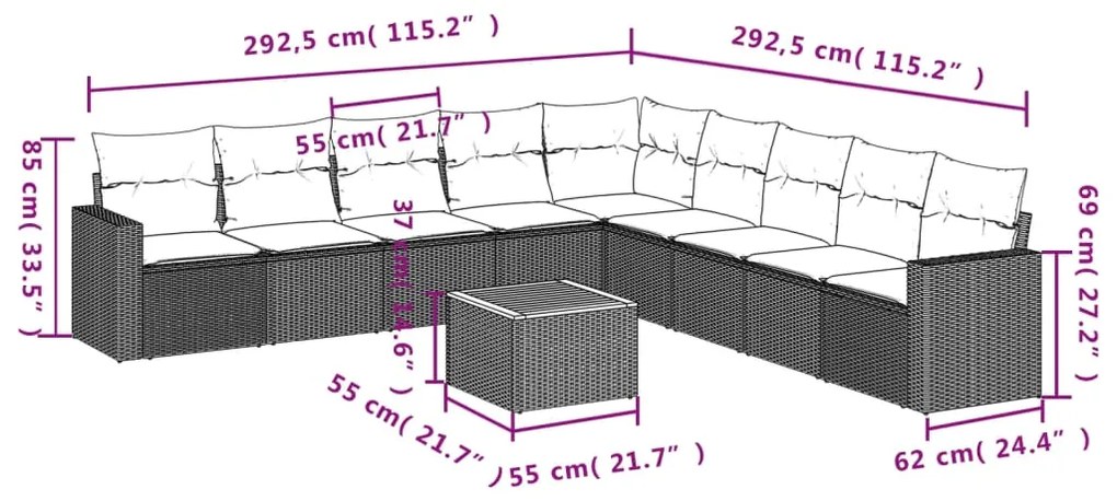 10 pcs conjunto sofás de jardim c/ almofadões vime PE preto