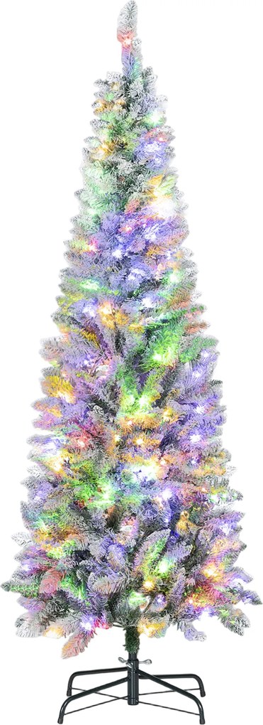 Árvore de Natal Estreita 180 cm Nevada com Luzes LED Bicolores 11 Modos de Iluminação 479 Ramos Suporte Metálico Verde