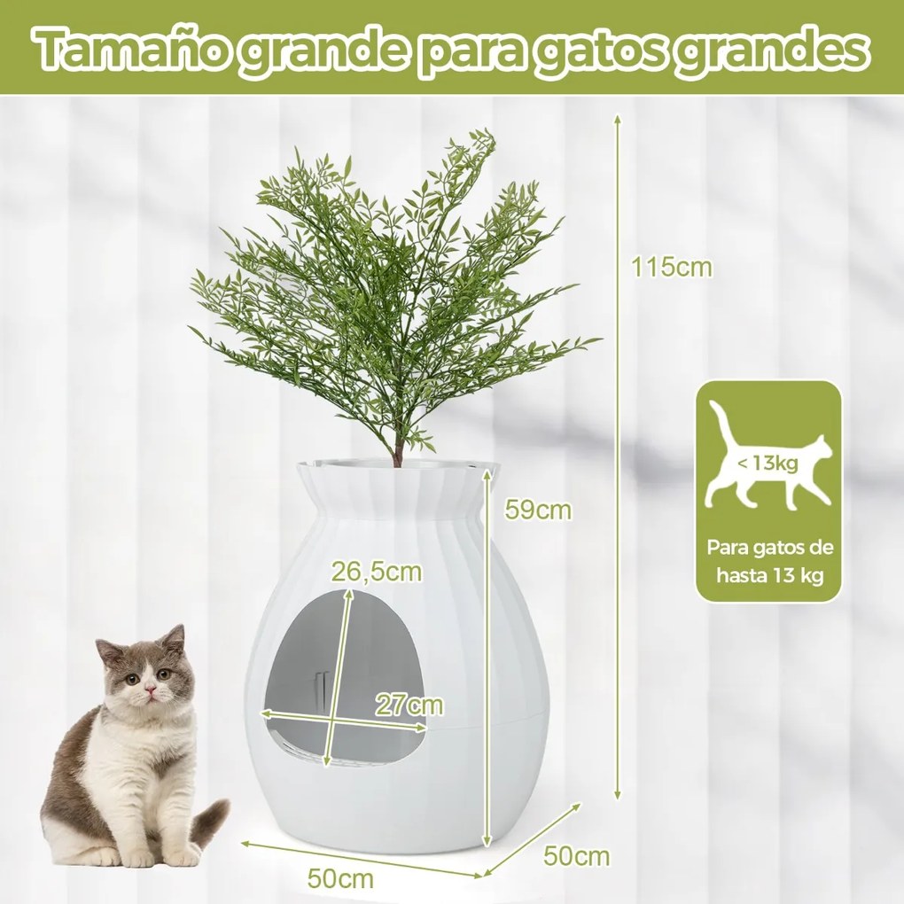 Caixa de areia oculta para gatos com planta artificial sintética Eliminação eletrónica de odores e esterilização 50 x 50 x 59 cm Branco