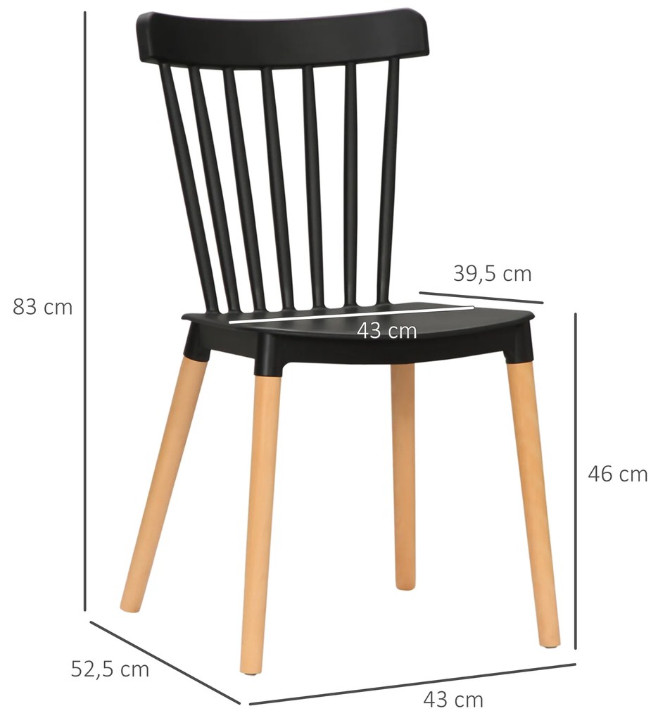 Conjunto de 4 Cadeiras Estilo Nórdico Cadeiras de Cozinha com Encosto Alto Assento de Polipropileno e Pés de Madeira de Faia Carga Máx. 120kg 43x52,5x