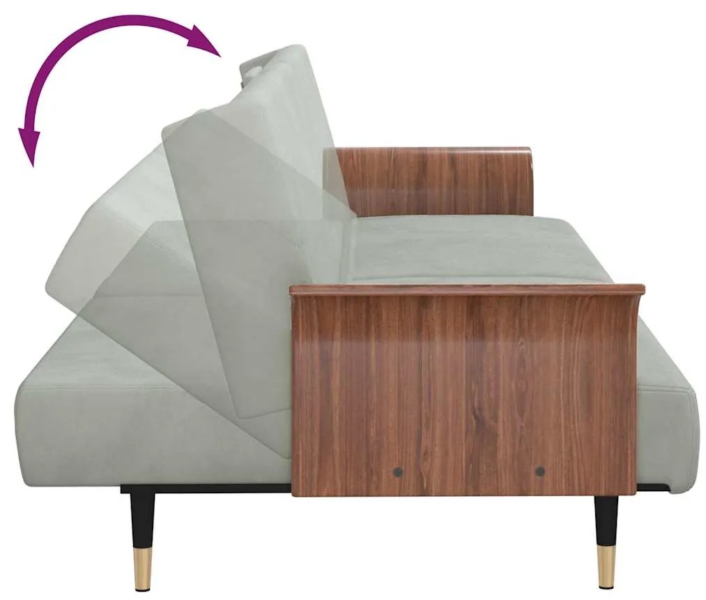 Sofá-cama com suportes para copos veludo cinzento-claro