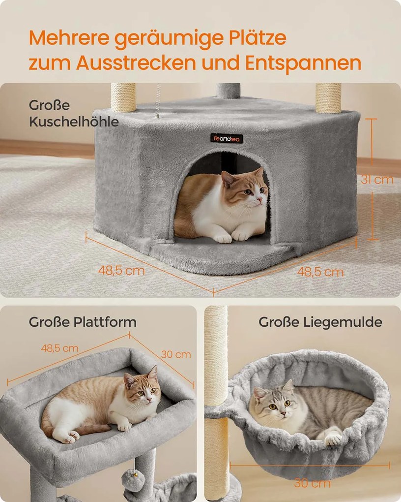 Arranhador para gatos com grande cavidade e várias áreas para brincar e descansar 48,5 x 48,5 x 140,7 cm Cinzento