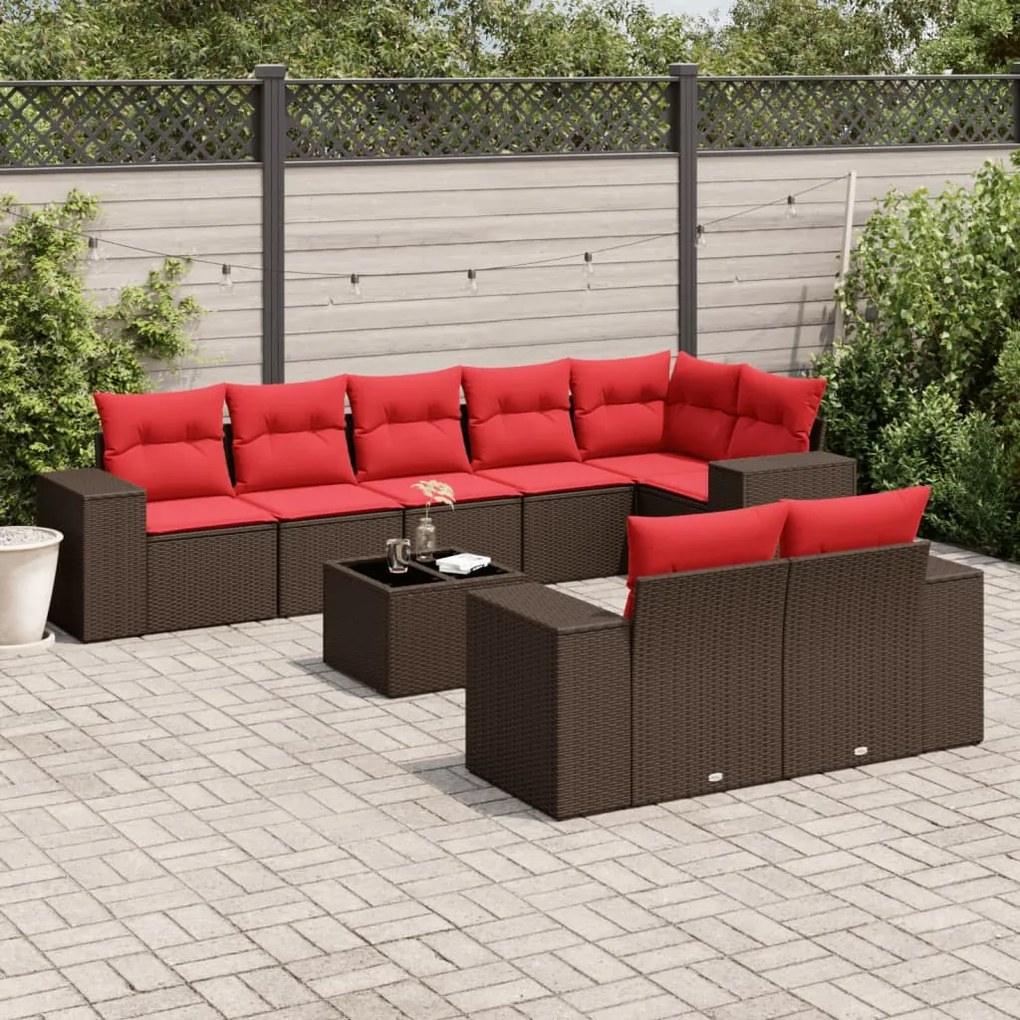 vidaXL 9 pcs conjunto sofás p/ jardim c/ almofadões vime PE castanho