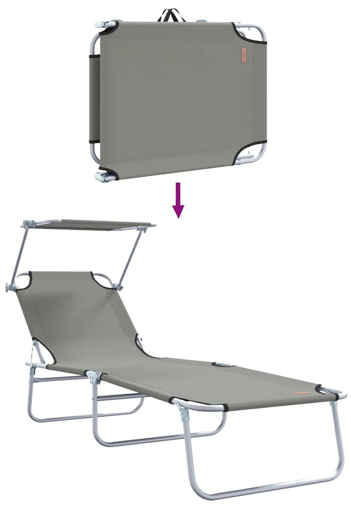 Espreguiçadeiras dobráveis 2 pcs com toldo em tecido Oxford cinza 600D