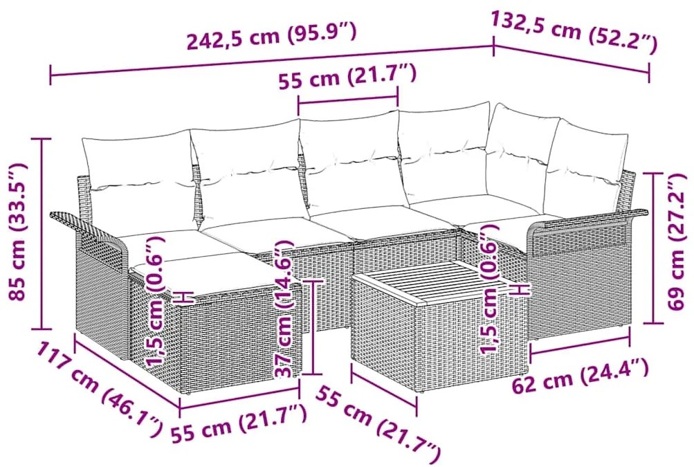 Conjunto de Sofá de Jardim de 7 Peças com Almofadas Bege em Rattan Sin