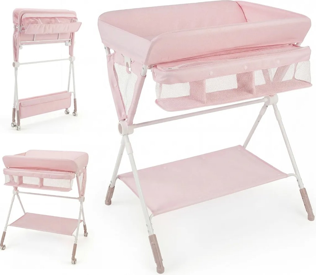 Mesa Trocador fraldas para Bebés Portátil e Dobrável Altura Ajustável 3 Níveis Organizador Móvel com Cesto Prateleira Rodas e Travão Rosa
