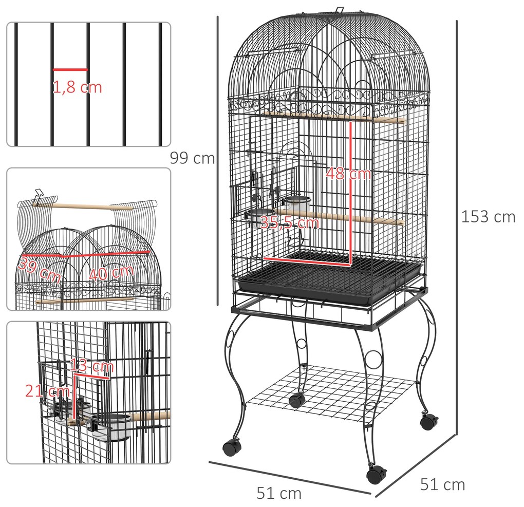 Gaiola para Pássaros com Rodas Bandeja Amovível Prateleira 2 Comedouros de Aço Inoxidável e Poleiro 51x51x153 cm Preto