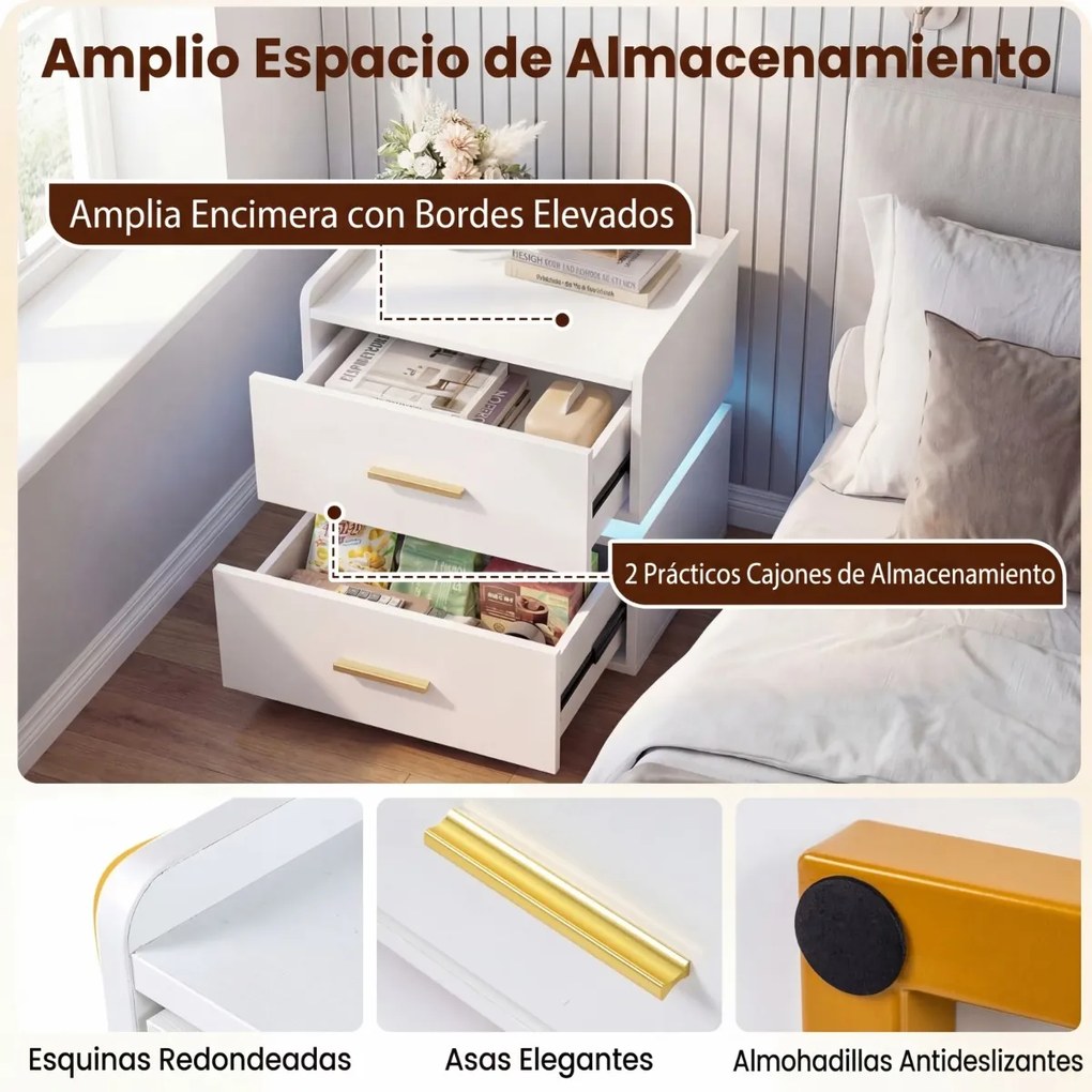 Conjunto de 2 mesas de cabeceira com estação de carregamento LED 45 x 40 x 48 cm, 2 gavetas, arrumação semi-suspensa e base metálica para sala ou quar