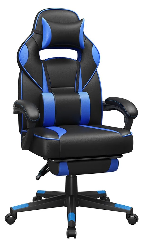 Cadeira Gaming com encosto reclinável e almofada para o apoio de cabeça Preto + azul