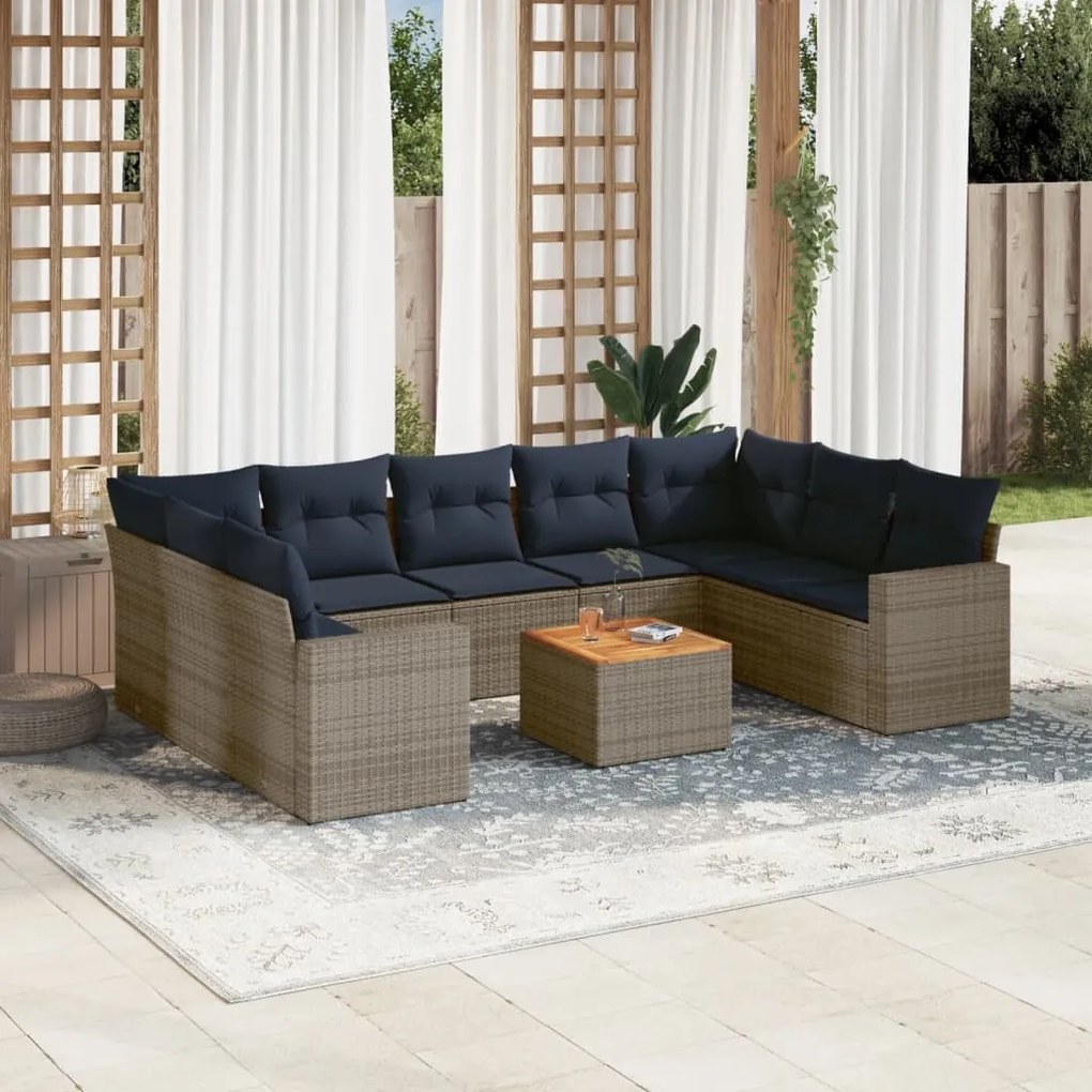10 pcs conjunto sofás p/ jardim c/ almofadões vime PE cinzento