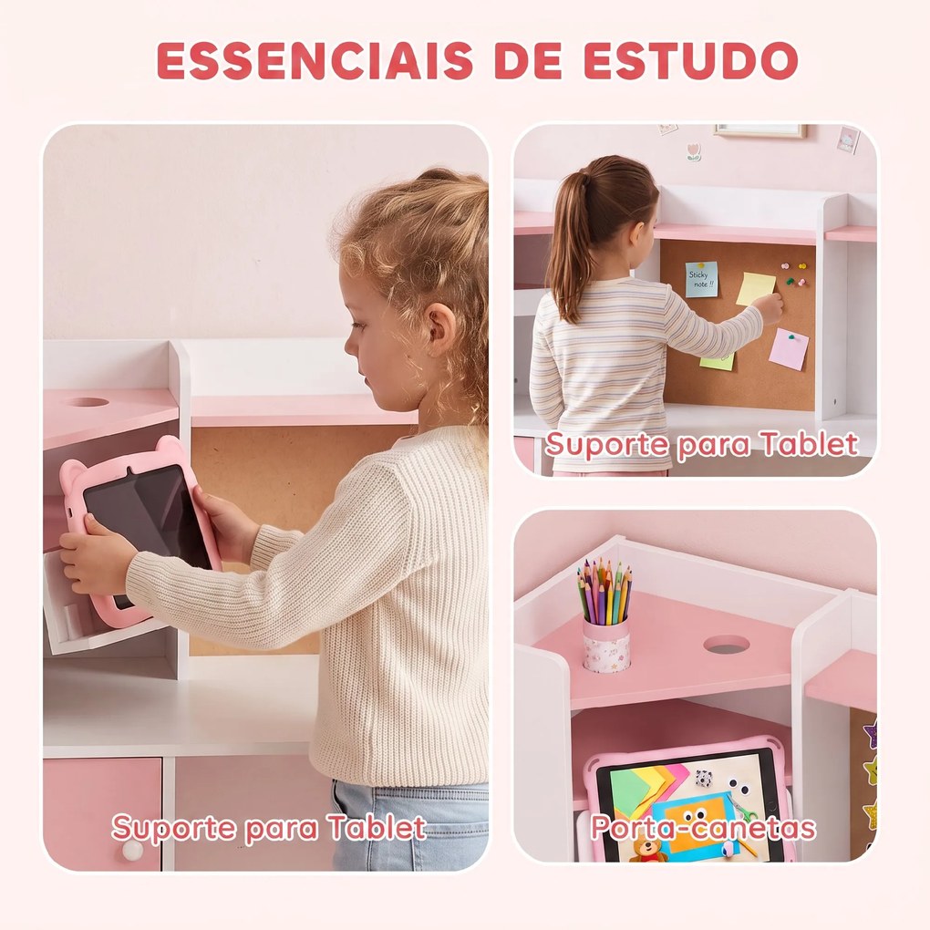 Secretária Infantil com Cadeira, Suporte Ajustável para Tablet, Porta-lápis, Quadro de Cortiça, Estantes e Armários, Rosa