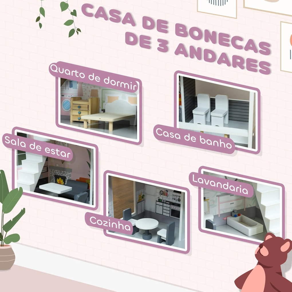 AIYAPLAY Casa de Bonecas com Móveis e Acessórios Casa de Bonecas de Ma