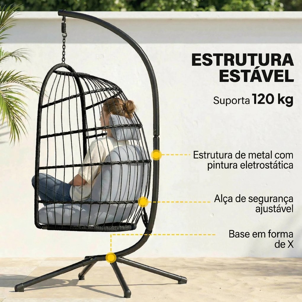 Cadeira Suspensa com Suporte Cesto Dobrável de Vime Almofada Grossa e Altura Ajustável 101x105x196 cm Cinza Claro