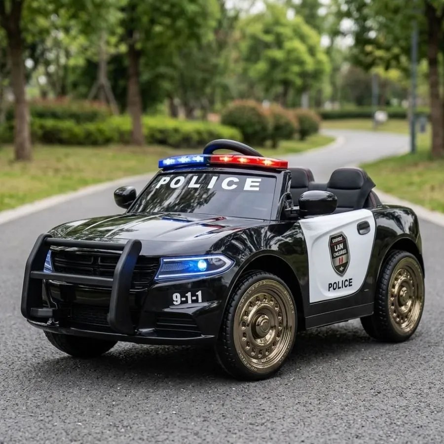 Carro elétrico infantil Dodge Policia 12V , telecomandado, pneus de EVA, assento em pele Preto