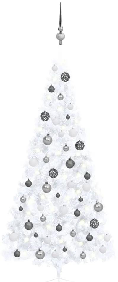 Meia árvore Natal artificial c/ luzes LED e bolas 210 cm branco