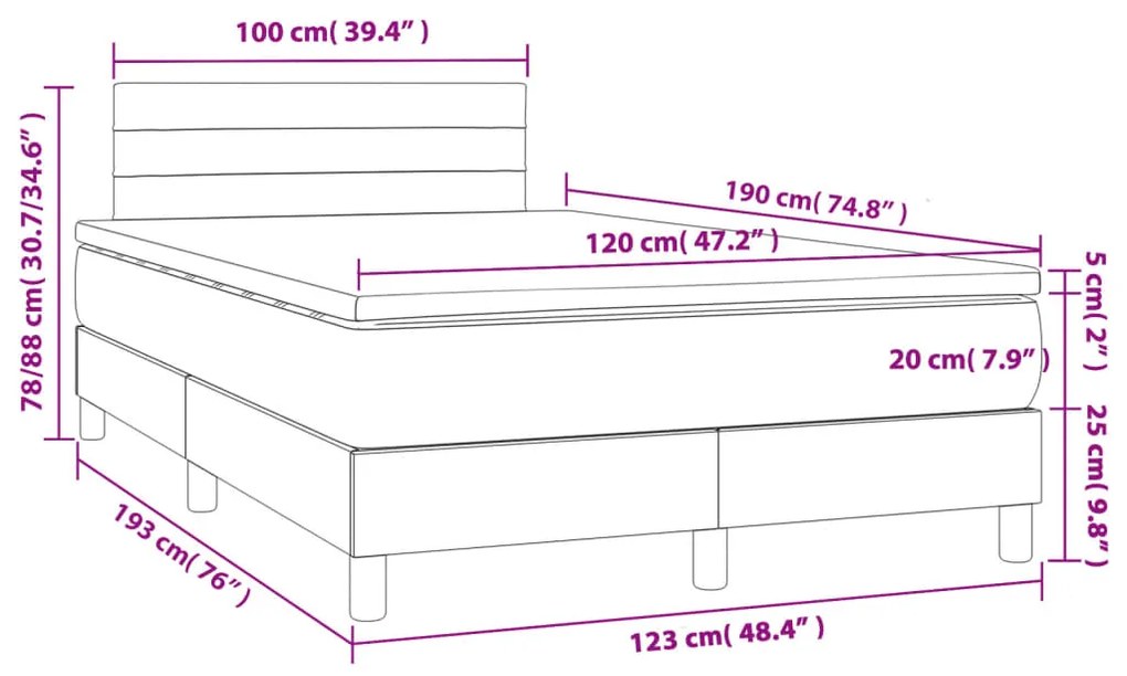 Cama box spring c/ colchão e LED 120x190 cm tecido preto