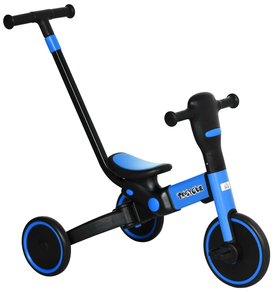 HOMCOM Triciclo Infantil 4 em 1 com Guiador Ajustável e Desmontável Estrutura de Liga de Alumínio 101x45x76,2-98,8cm Azul