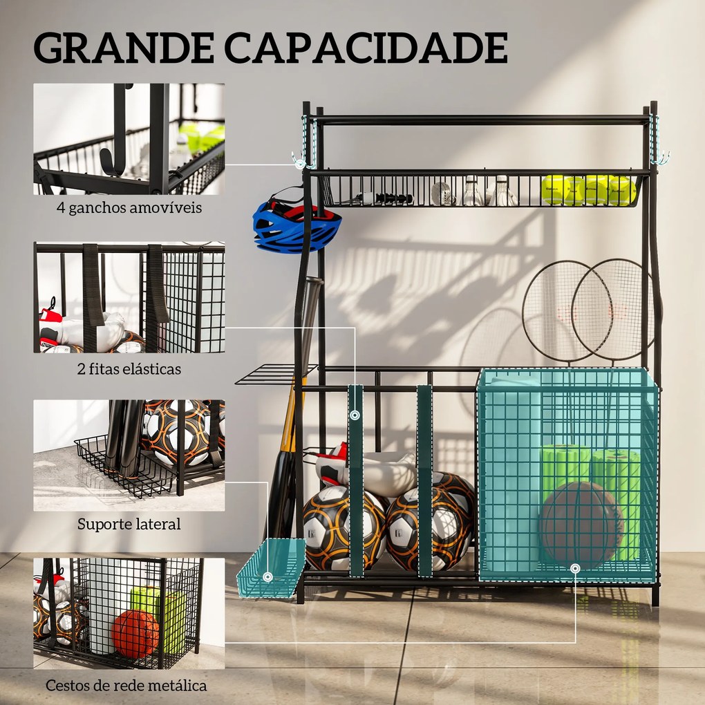 Organizador de Equipamentos Desportivos com Cesto Ganchos Removíveis e Faixas Elásticas Suporte para Bolas 92x42x109 cm Preto