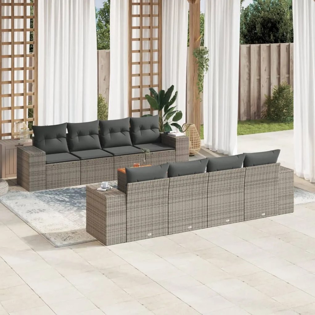9 pcs conjunto sofás p/ jardim com almofadões vime PE cinzento