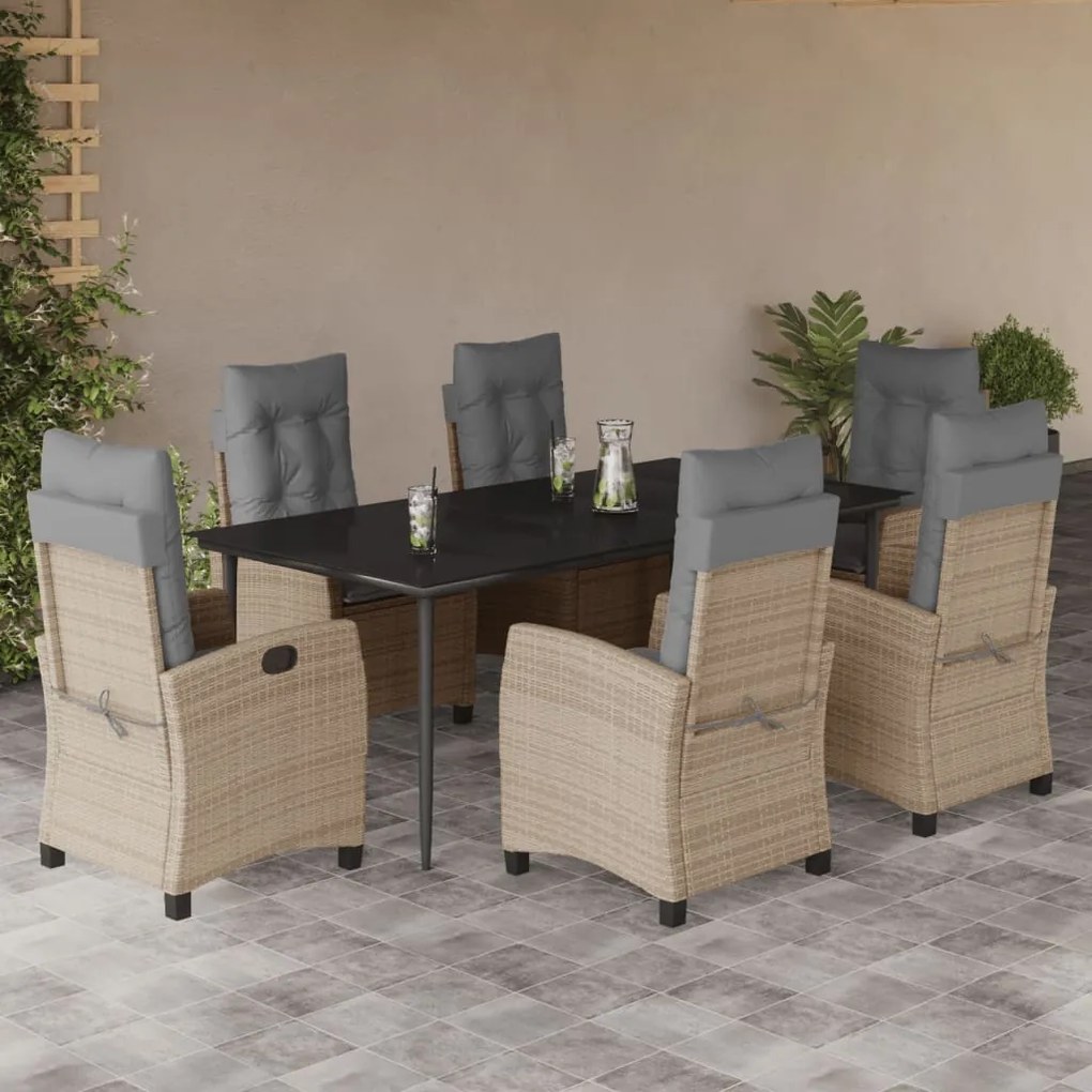 7 pcs conj. jantar jardim c/ almofadões vime PE bege misturado