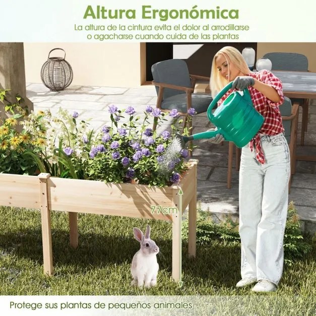 Floreira elevada com separador e 8 orifícios de drenagem para vegetais e flores para jardim ou terraço 184 x 58 x 77 cm Natural